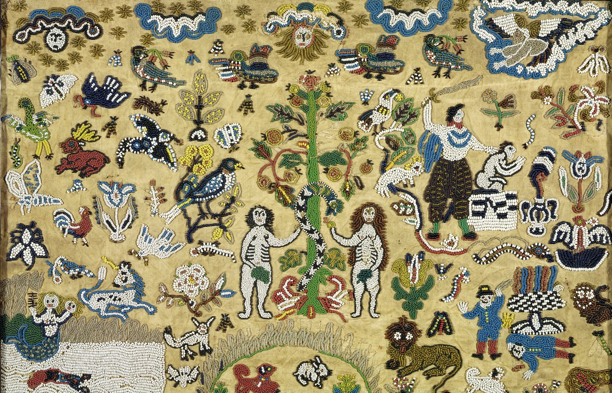 Beadwork Picture: Fall of Man; Kain a Ábel; Obětování Izáka; obklopený zvířaty z rajské zahrady, 17. století. (hedvábí vyšívané barevnými korálky) od Unknown