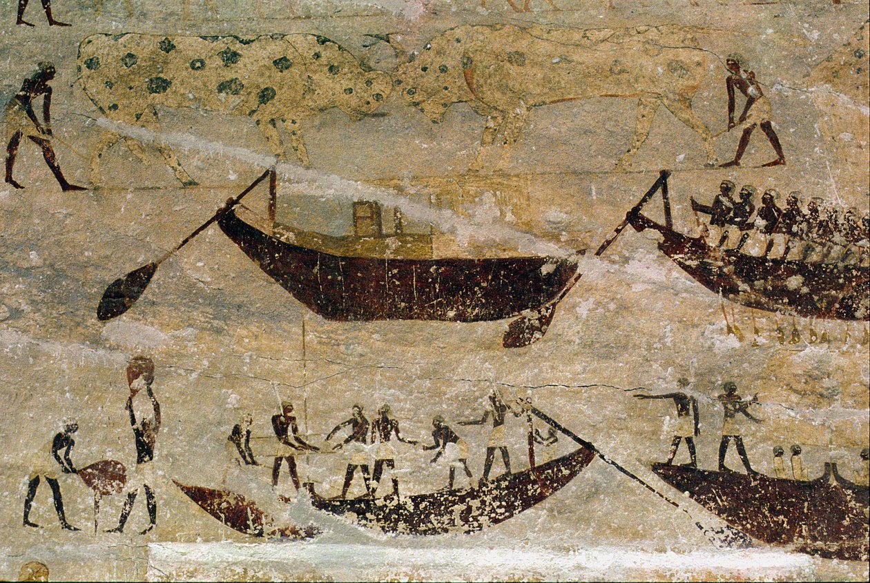 Lodě jedoucí po proudu, detail z nástěnné malby hrobky, egyptský, stará až střední říše (malovaný vápenec) od Unknown