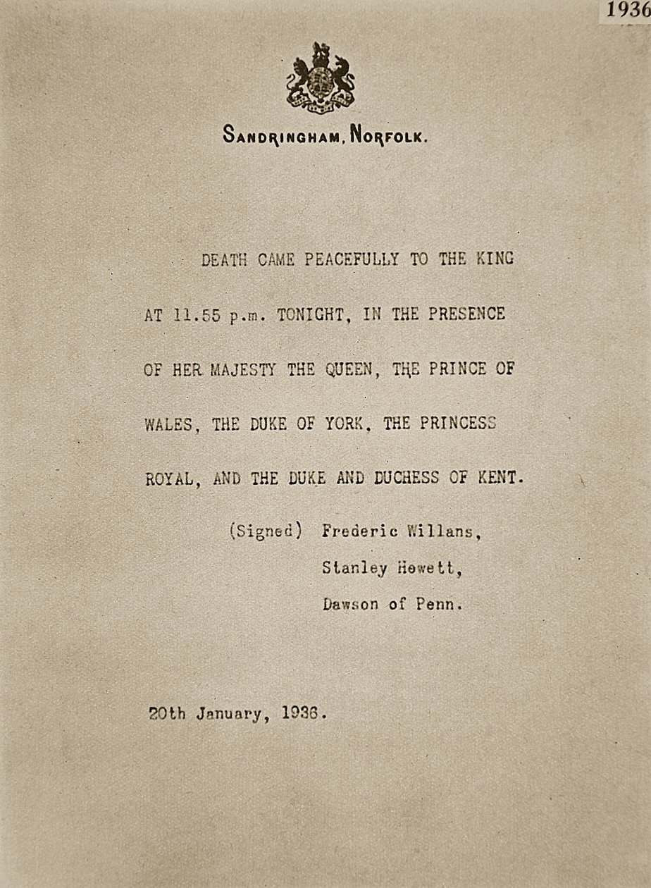 Bulletin vyvěšen v Sandringhamu po smrti krále Jiřího V., 20. ledna 1936 od Unknown