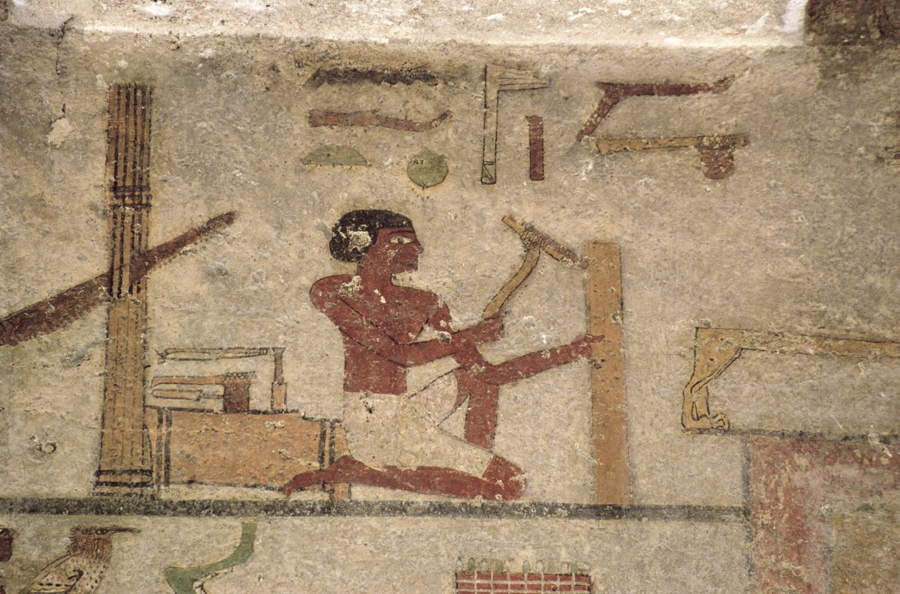 Tesařská dílna, detail z nástěnné malby hrobky, egyptská, stará až střední říše (malovaný vápenec) od Unknown