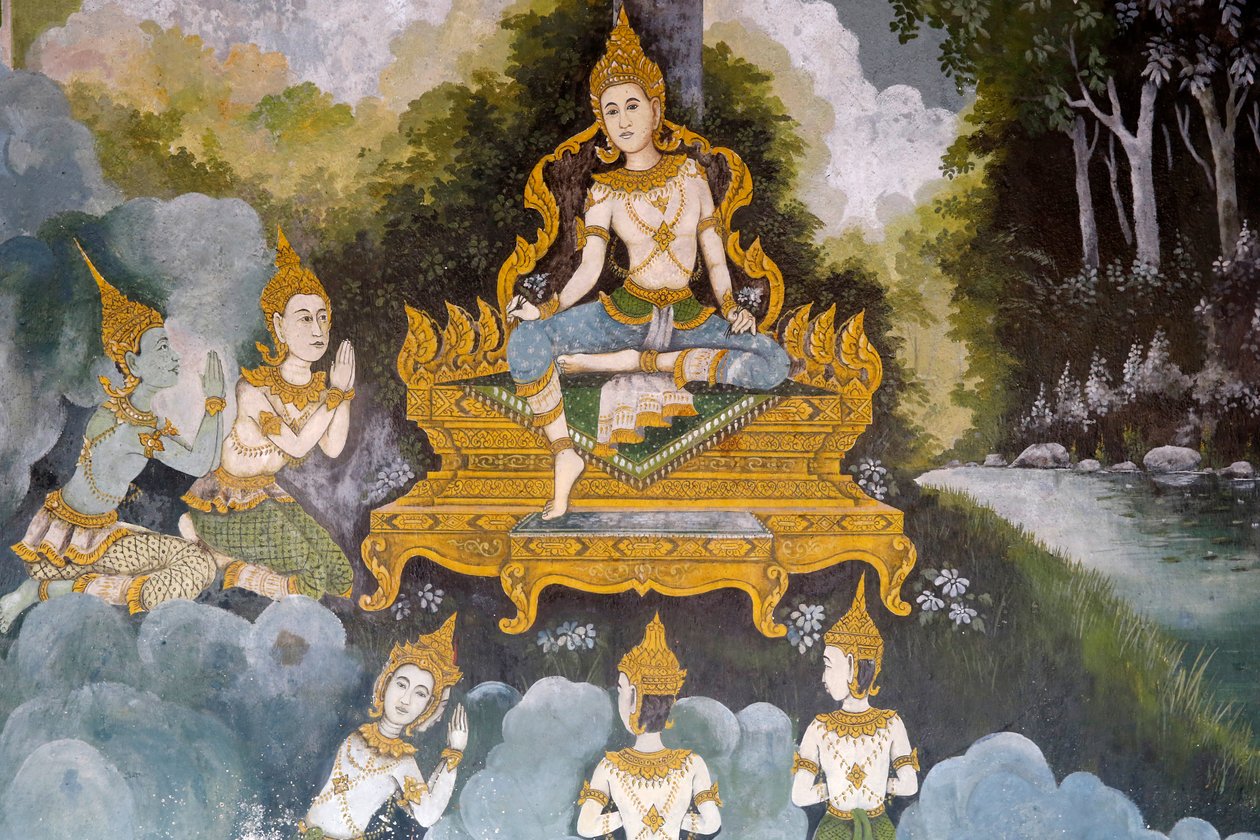 Freska zobrazující scénu života Buddhů ve Wat Phra Doi Suthep, Chiang Mai. Thajsko od Unknown