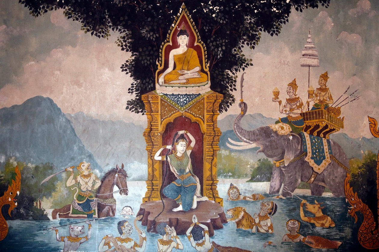Freska zobrazující scénu života Buddhů ve Wat Phra Doi Suthep, Chiang Mai. Phra Mae Thorani si zkroutí dlouhé vlasy a přívaly vody vytvoří záplavu. Thajsko od Unknown