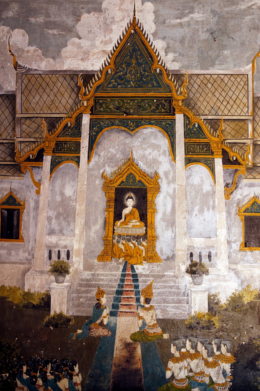 Freska zobrazující scénu života Buddhů ve Wat Phra Doi Suthep, Chiang Mai. Thajsko od Unknown