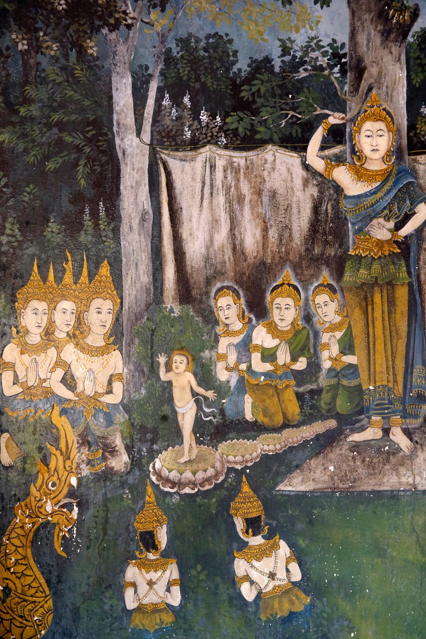 Freska zobrazující scénu života Buddhů ve Wat Phra Doi Suthep, Chiang Mai. Thajsko. Buddha jako dítě. r od Unknown