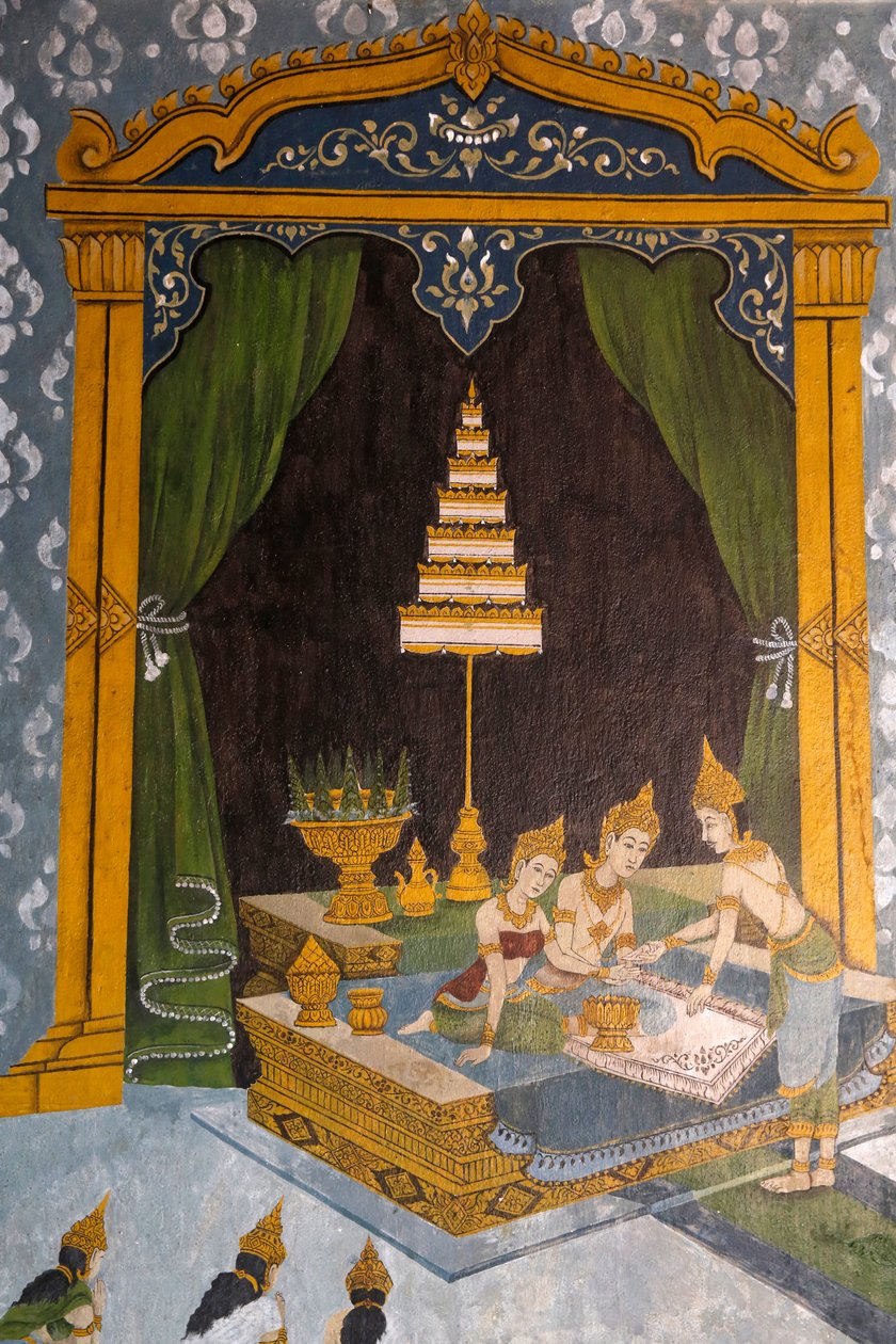 Freska zobrazující scénu života Buddhů ve Wat Phra Doi Suthep, Chiang Mai. Mladý Buddha jako princ. Thajsko od Unknown