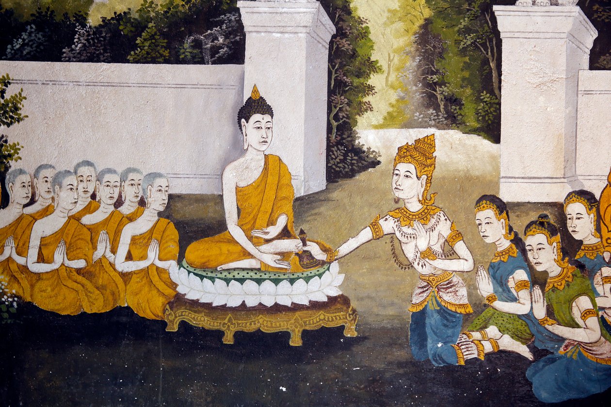 Freska zobrazující scénu života Buddhů ve Wat Phra Doi Suthep, Chiang Mai. Buddha přijímá almužnu. Thajsko od Unknown