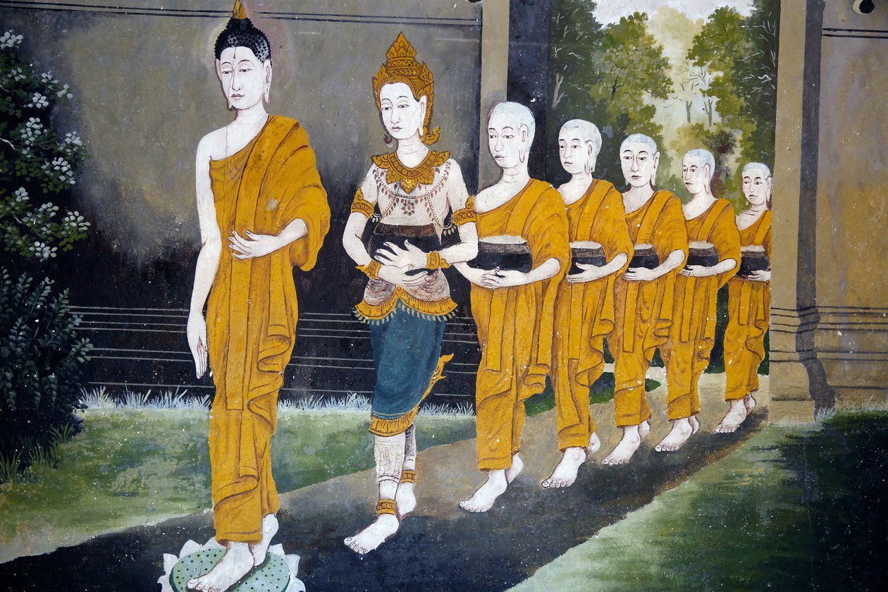 Freska zobrazující scénu života Buddhů ve Wat Phra Doi Suthep, Chiang Mai. Buddha a mniši na alm kole. Thajsko od Unknown