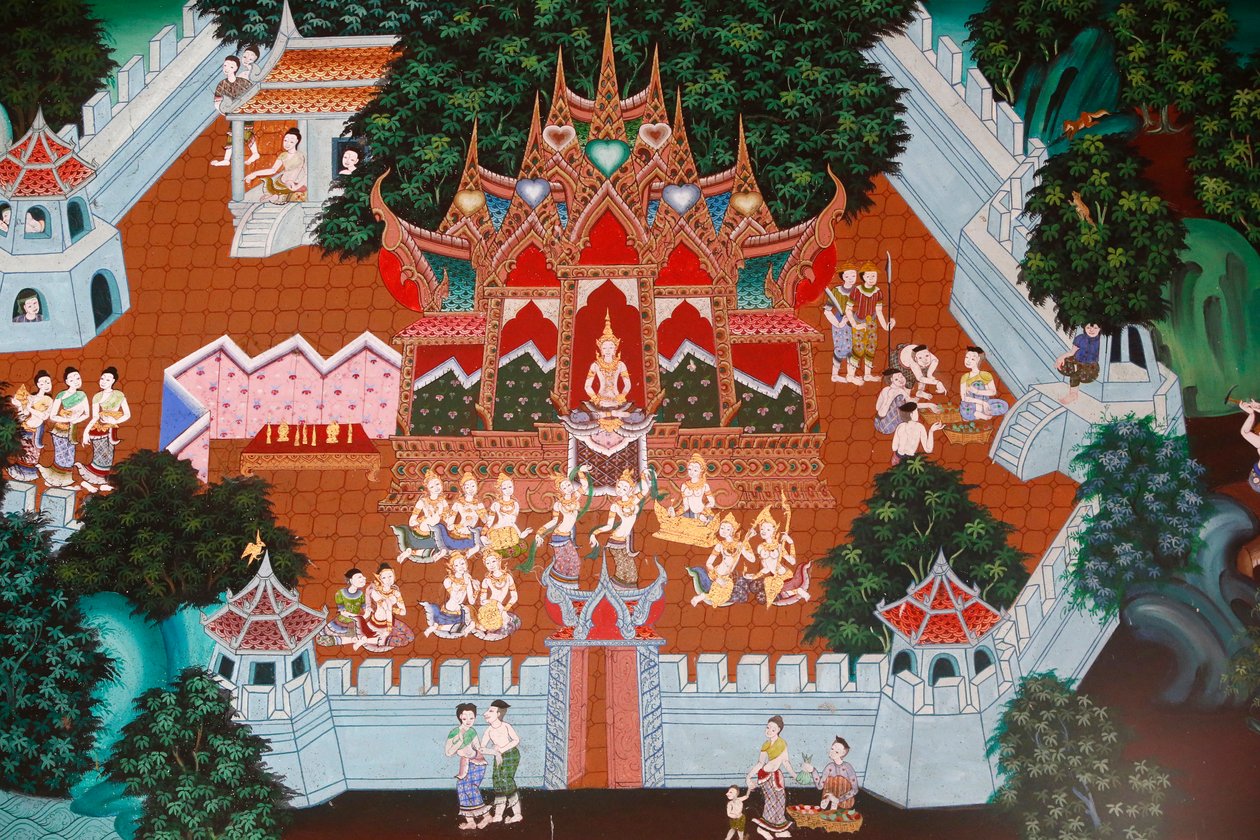 Freska ve Wat Ampharam, Hua Hin, Thajsko. Temiya Jataka, také pojmenovaný Muga-Pakkha Jataka, jeden z bývalých životů Buddhů. od Unknown