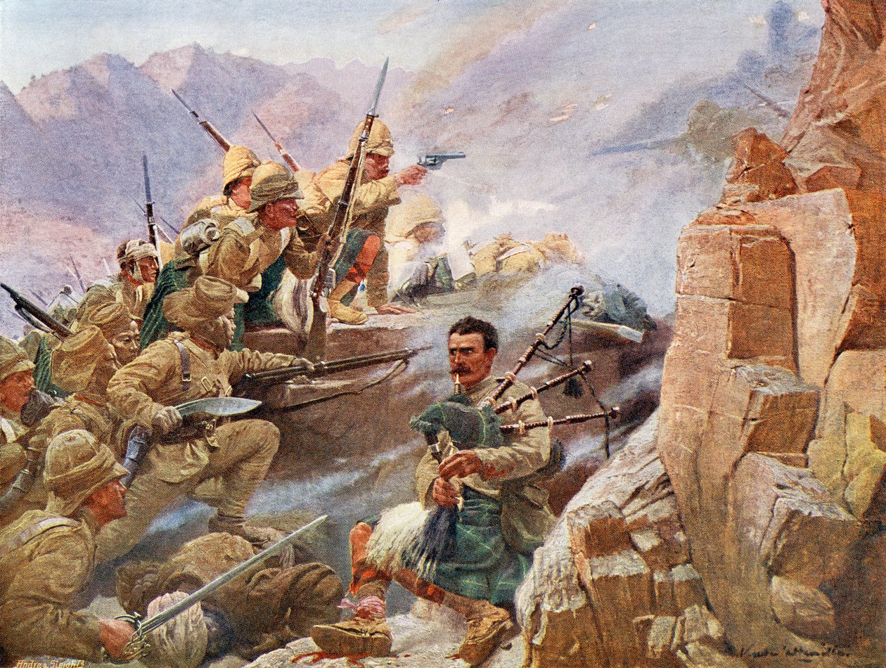 Gurkhové vyzbrojení svým kukri nebo khukuri, nepálským nožem s dovnitř zahnutou čepelí, spolu s členy Gordon Highlanders útočícími na Dargai Heights v roce 1897 během kampaně Tirah od Unknown