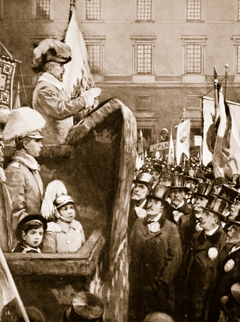 Švédský král Karel XV promlouvá k davu o zvýšeném zbrojení na obranu země, 1866 od Unknown