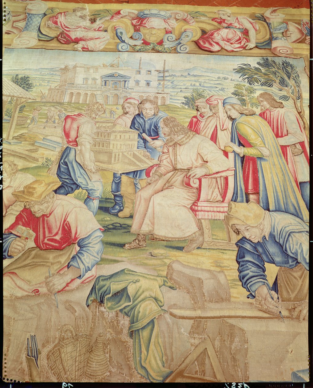 Lorenzo Medici (1449-92) a Giuliano da Sangallo (fl. 1443-1516) Inspekce modelu pro vilu v Poggia a Caiano od Benedetta di Michele Squilli (fl. 1555-88) a Joannese Stradanuse (nar. Jan van de od Unknown