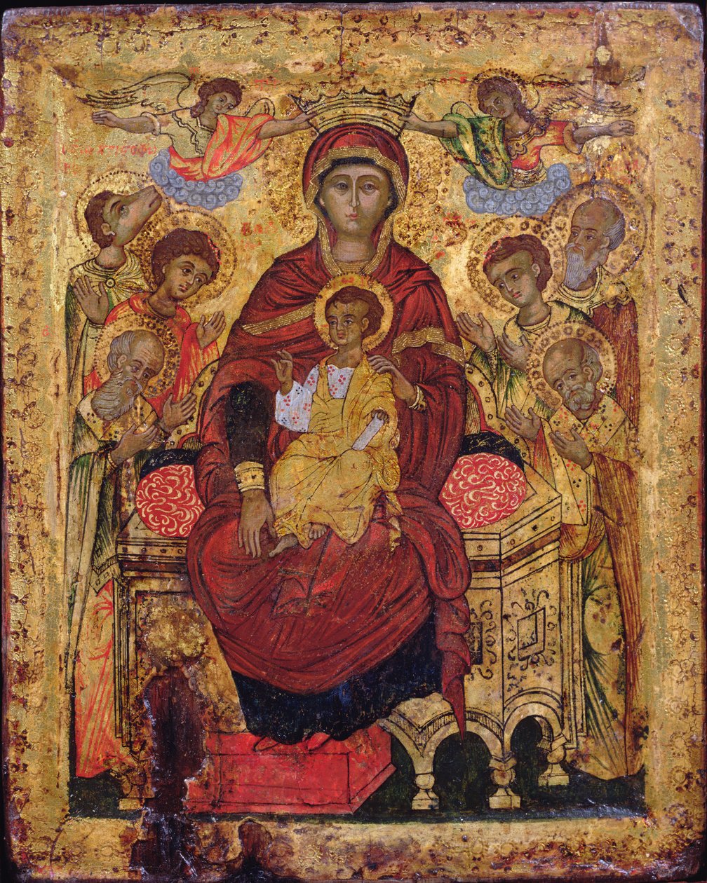 Madona s dítětem na trůnu se svatými, ikona řeckých ostrovů, začátek 18. století (tempera na panelu) od Unknown