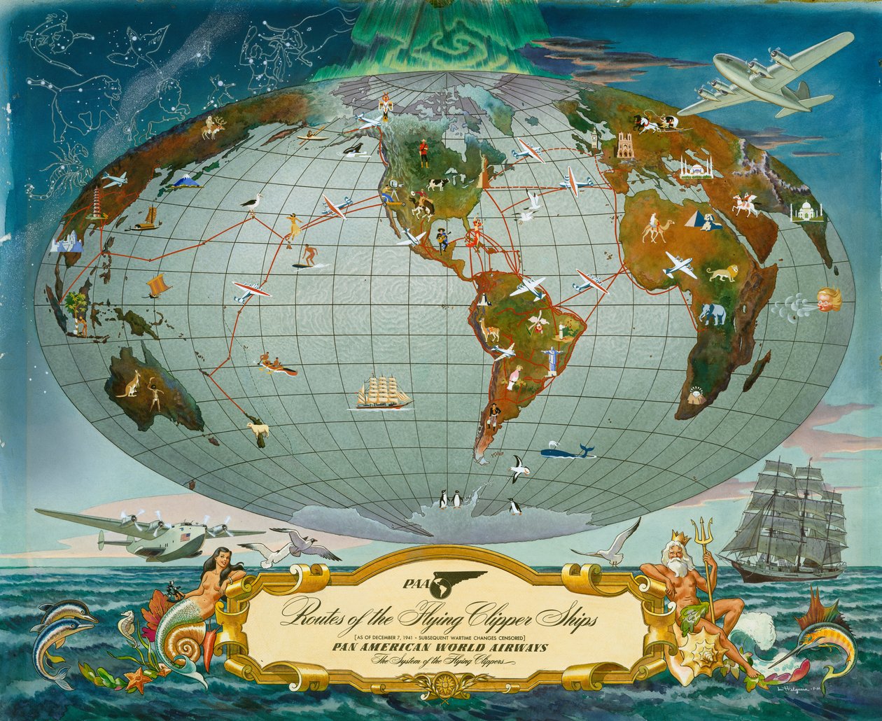 Rukopisná mapa světa - Pan American World Airways, c.1942 od Unknown