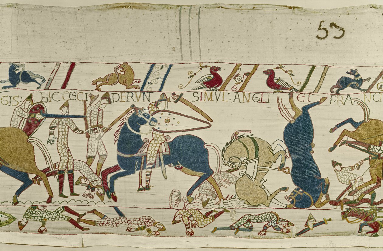 Normané a Angličané padají bok po boku v bitvě, tapisérie z Bayeux (vlněná výšivka na plátně) od Unknown