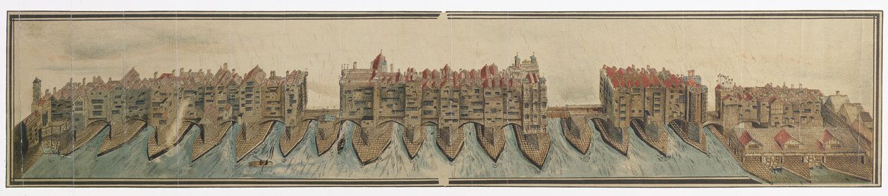 Old London Bridge v c.1600, zkopírovaný W. Griggsem v roce 1881 z kresby ve sbírce Pepys, na Magdalene College, Cambridge od Unknown
