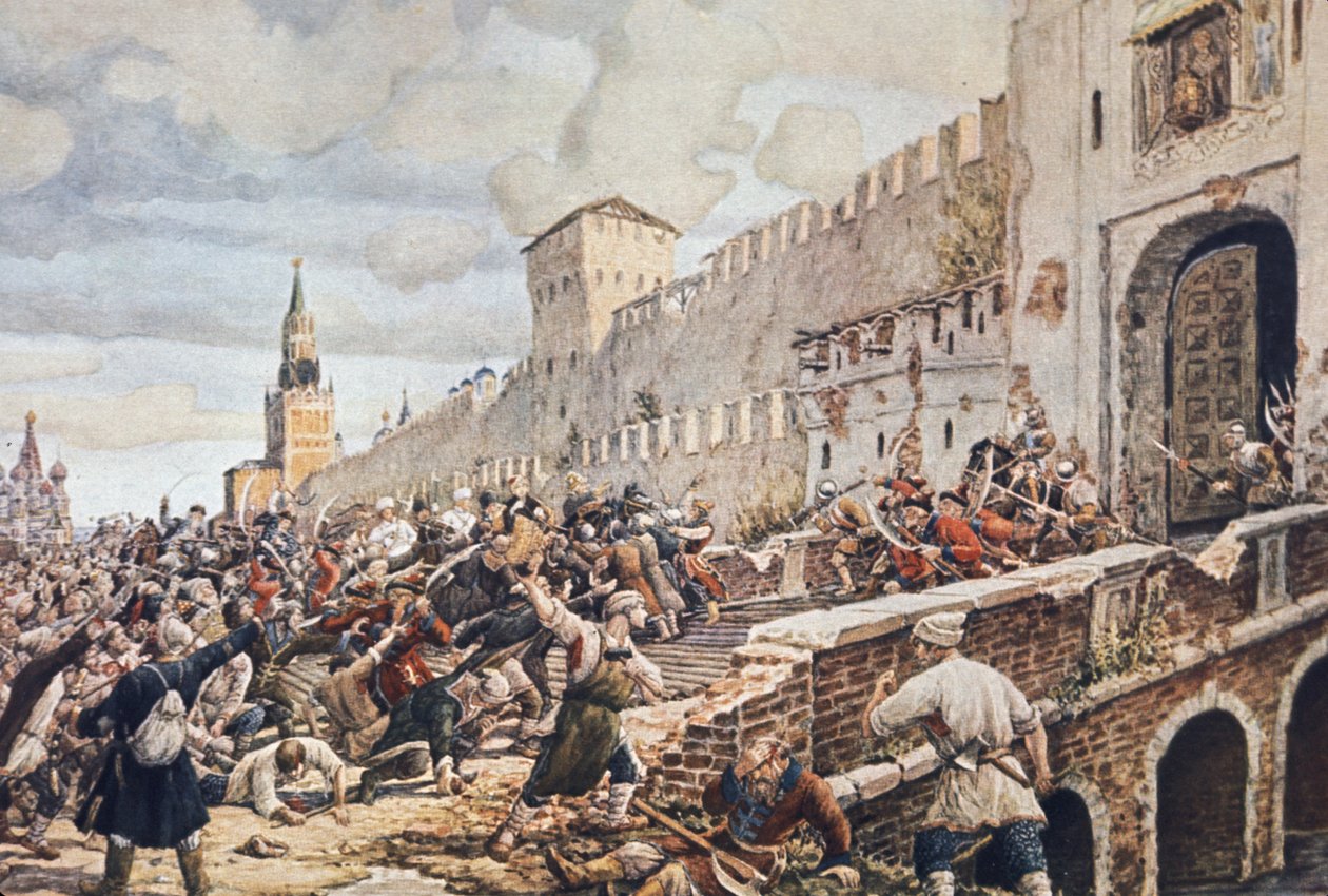Povstání rolnických dělníků v Moskvě, 1648, nepokoje byly proti zkorumpovanému zdanění (zejména soli), nedostatku potravin a znehodnocení měny, která nafoukla spotřební zboží. od Unknown
