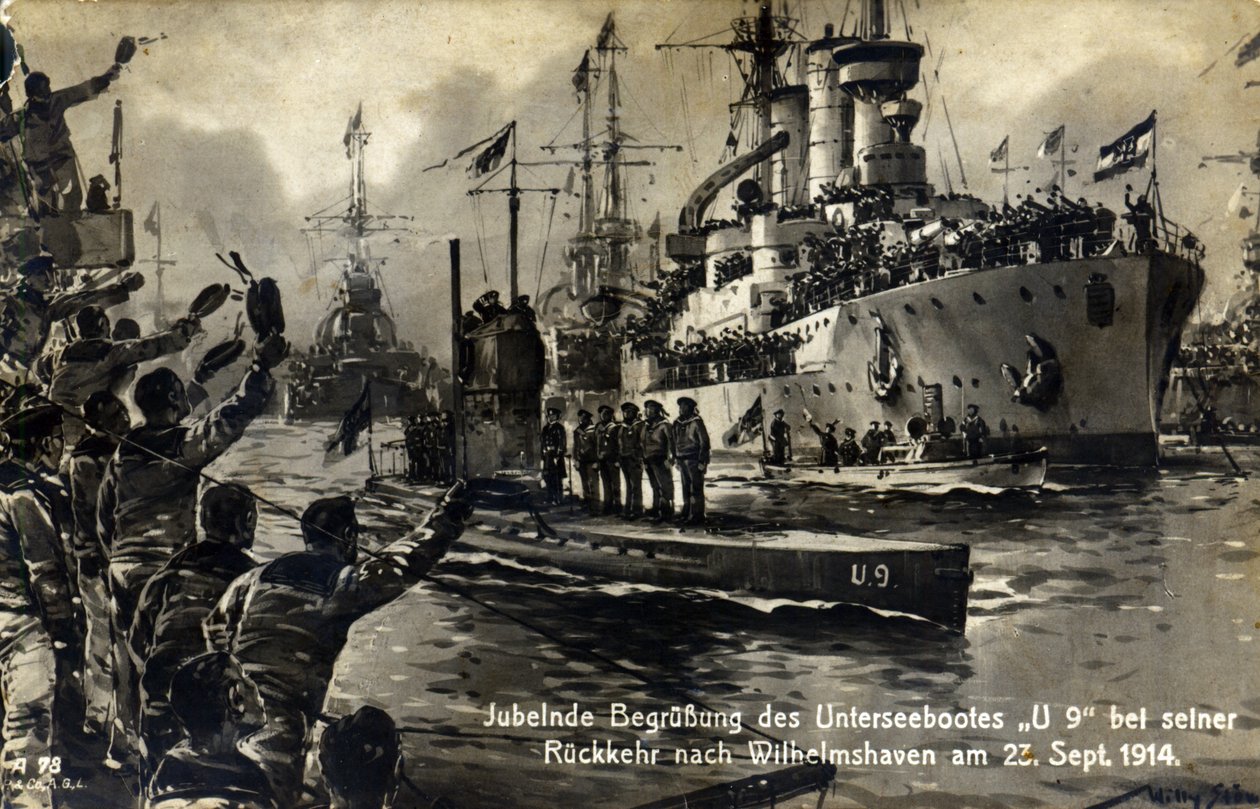 Pohlednice námořníků, kteří vítají ponorku U9 při jejím návratu do Wilhelmshavenu, 23. září 1914 od Unknown