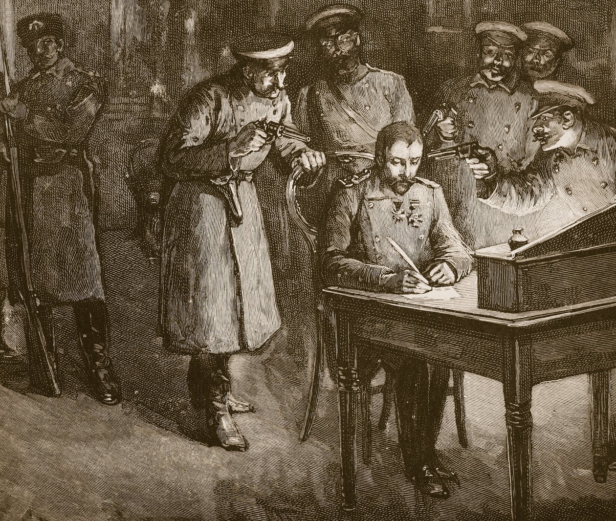 Princ Alexander podepisuje svou abdikaci, 1886 od Unknown