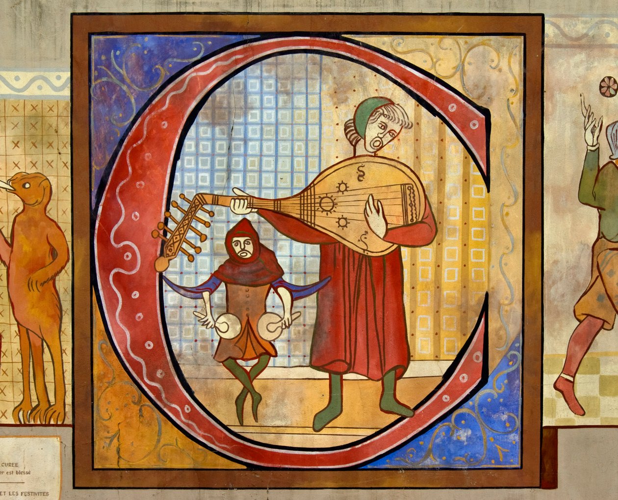 Reprodukce kresby zobrazující středověkého hráče na loutnu a bubeníka hrajícího nakery (neboli nakiry). od Unknown