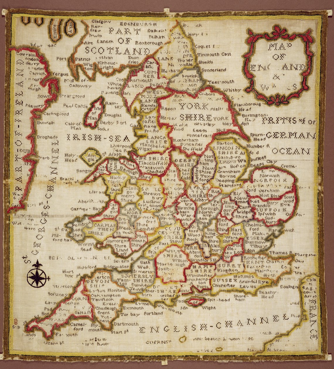 Vzorník zobrazující mapu Anglie a Walesu, řetízek, dvojitý zadní díl a saténový steh, od Ann Seaton z Lincolnu, 1798 od Unknown