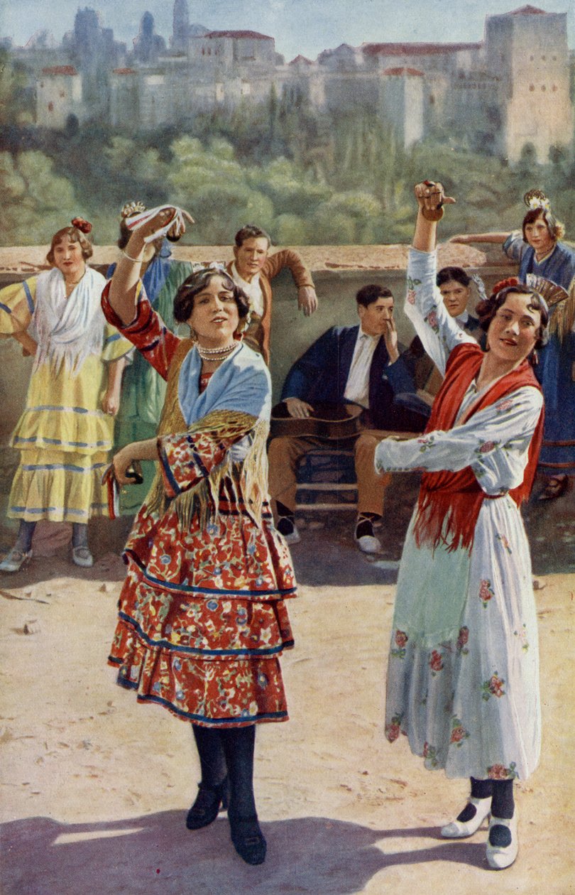 Španělsko. Rytmické tance mladých cikánských dívek z Granady doprovázejí řinčení kastanět a řinčení kytar. 1920 od Unknown
