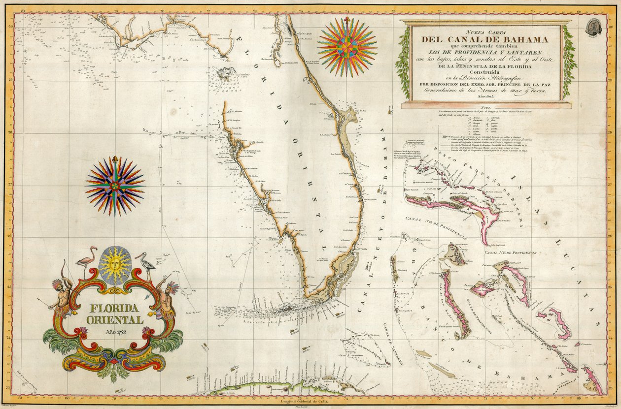 Španělská mapa Floridy a Baham, 1805 (ručně kolorovaná rytina) od Unknown