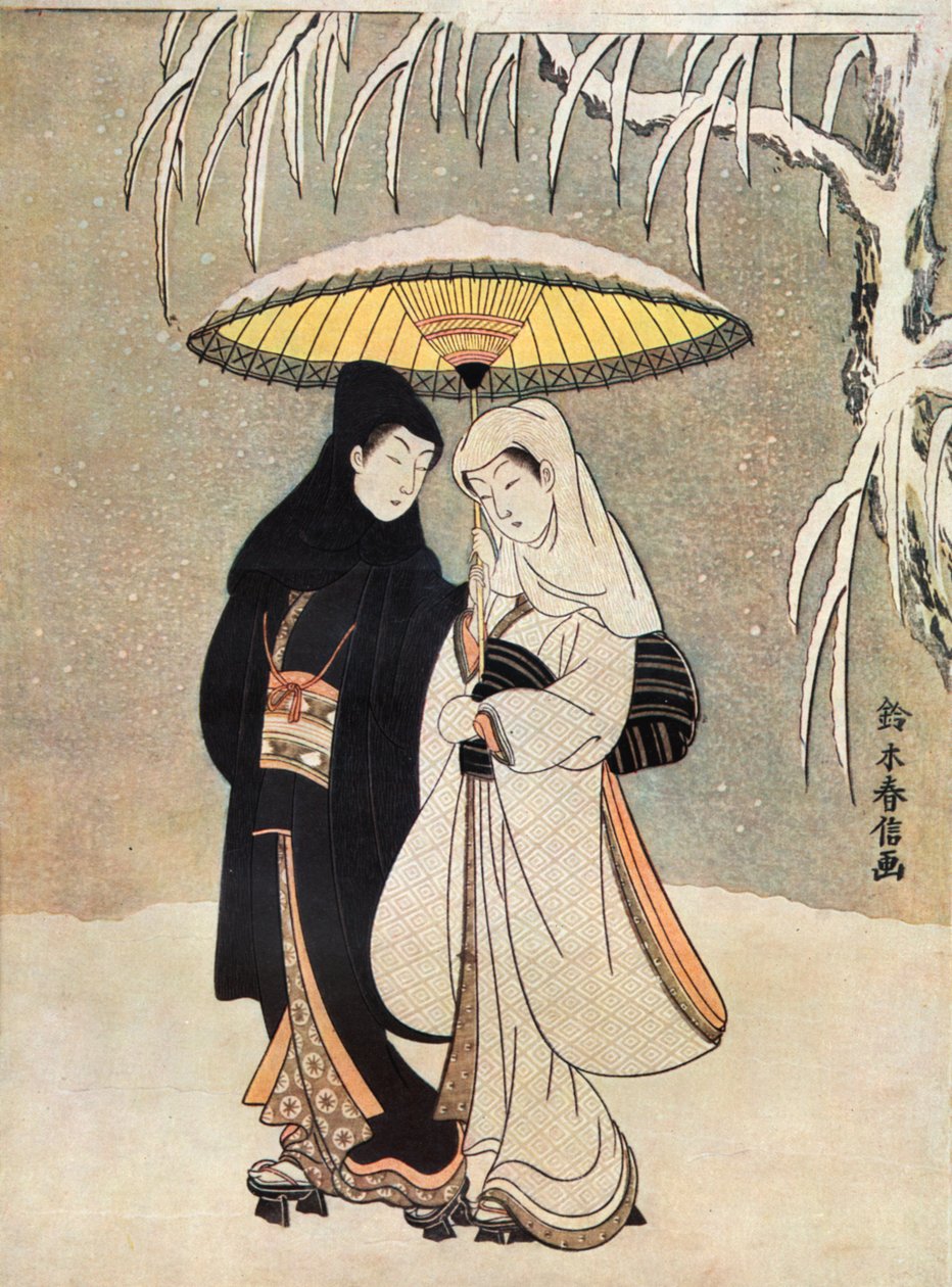 Dva milenci ve sněhu pod deštníkem, Suzuki Harunobu od Unknown