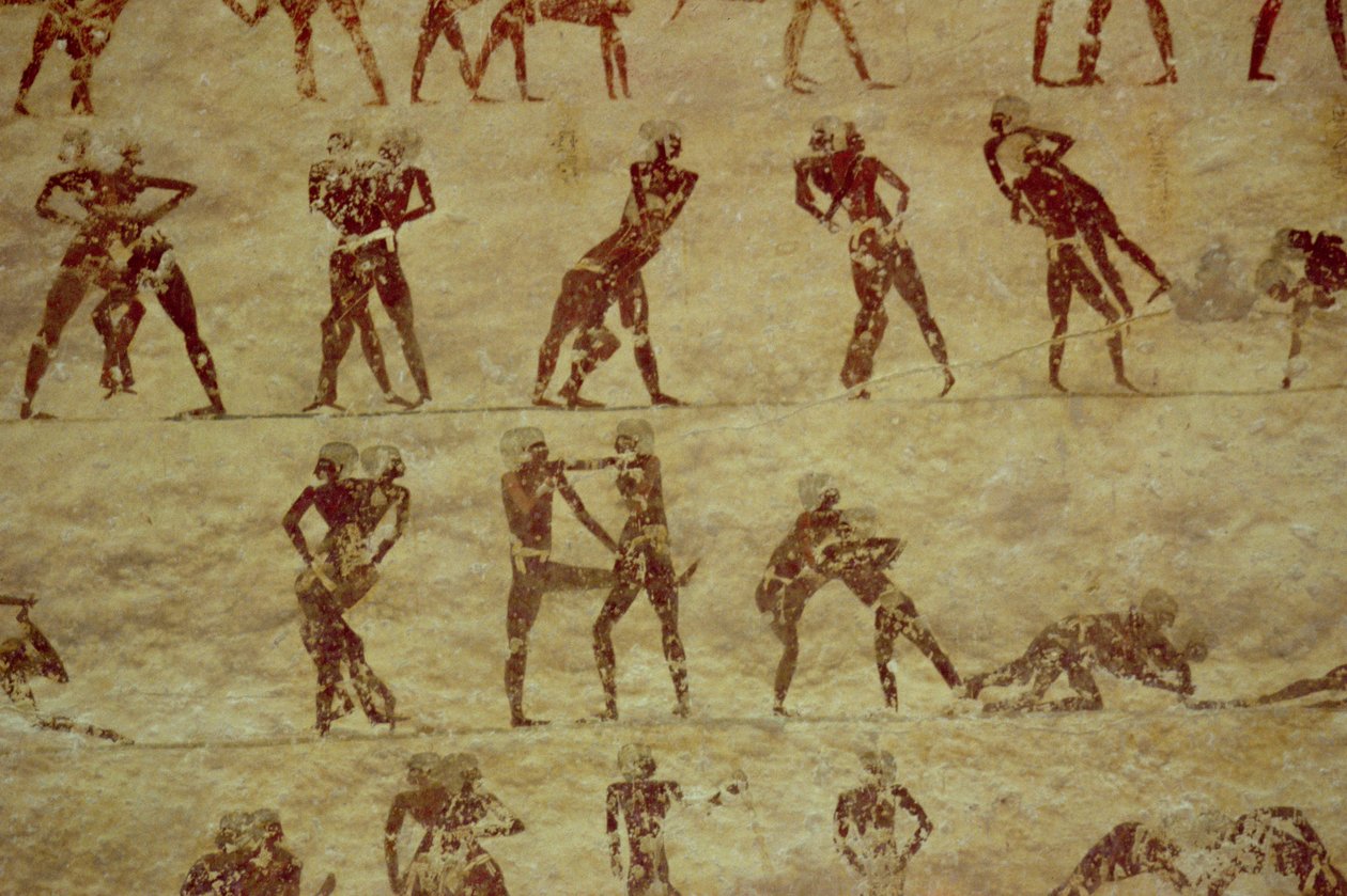 Zápasníci, detail z nástěnné malby hrobky, egyptský, stará až střední říše (malovaný vápenec) od Unknown