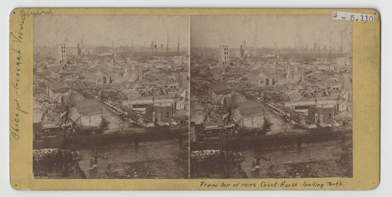 Stereograf pohledu z vrcholu ruin soudní budovy, při pohledu na sever, po požáru v Chicagu v roce 1871 od American Photographer