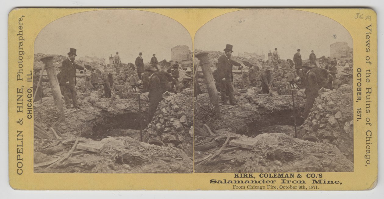 Stereograf pohledu na železný důl Kirk, Coleman & Companys Salamander po požáru v Chicagu v roce 1871 od American Photographer