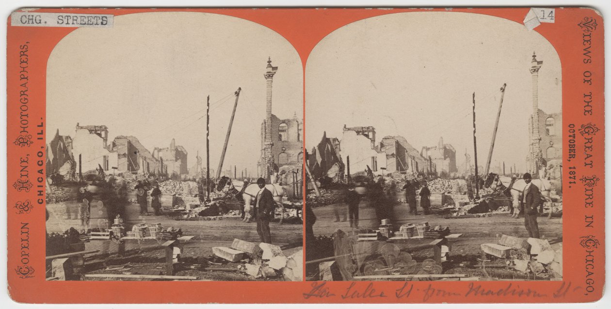 Stereograf pohledu na jezero St. z Madison St. po požáru v Chicagu v roce 1871 od American Photographer