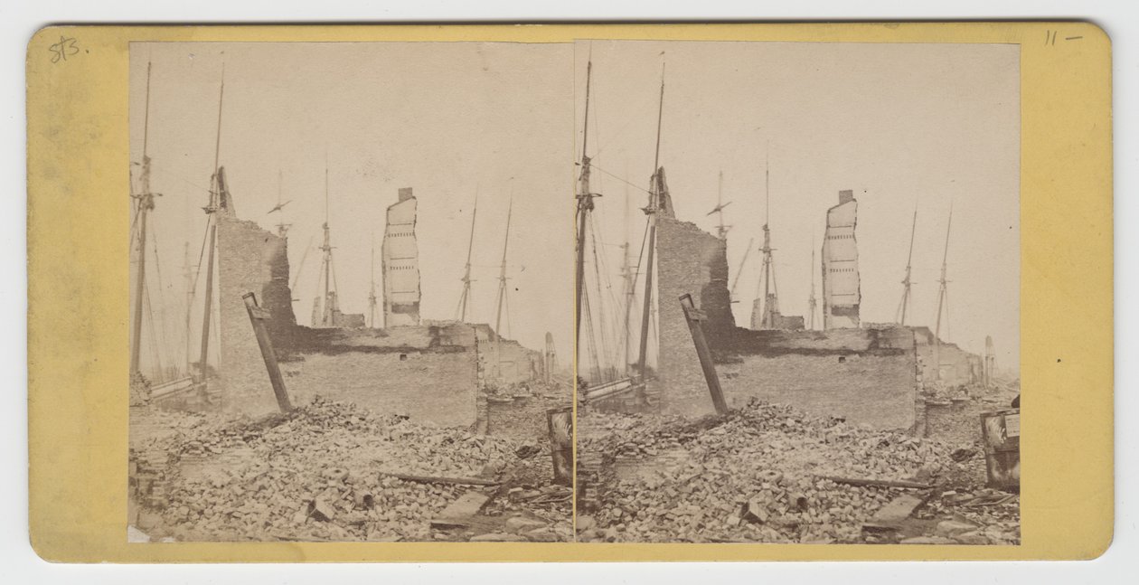 Stereograf pohledu na South Water St., mezi Clark a Wells, po požáru v Chicagu v roce 1871 od American Photographer