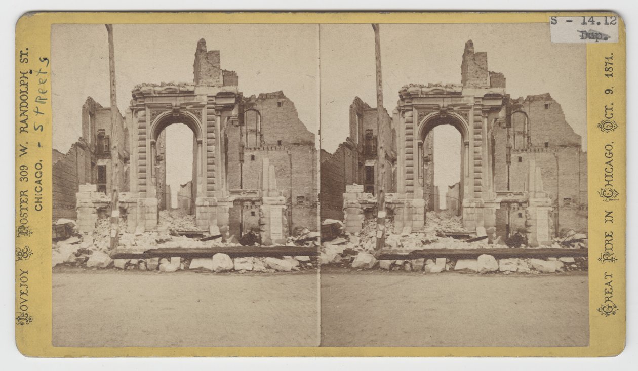 Stereograf pohledu na ruiny na Washington Street po požáru v Chicagu v roce 1871 od American Photographer