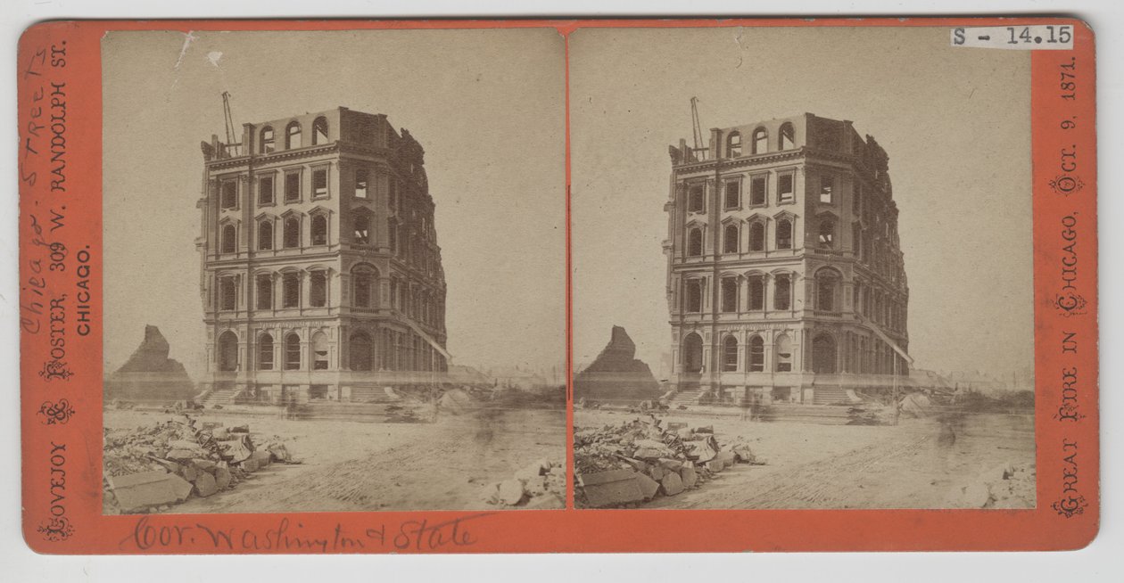 Stereograf pohledu na první národní banku po požáru v Chicagu v roce 1871 od American Photographer