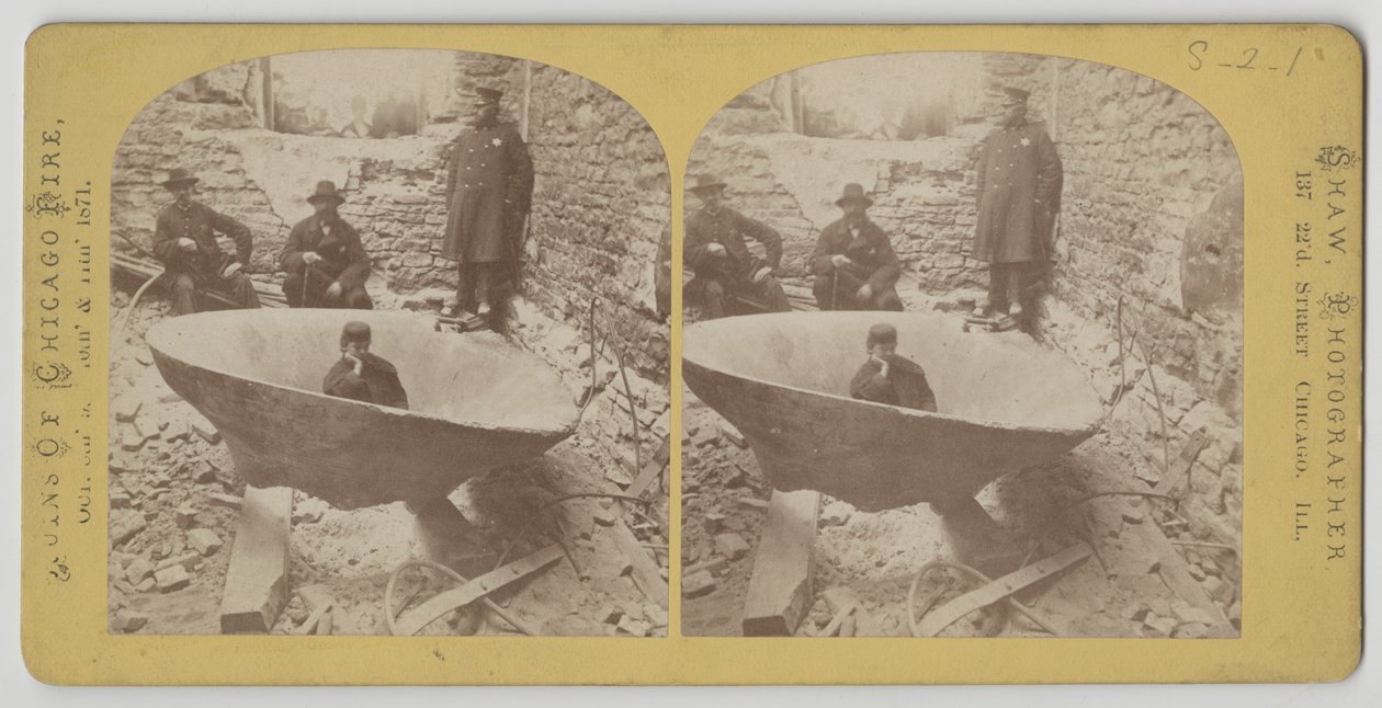 Stereografický pohled na zvon soudní budovy po požáru v Chicagu v roce 1871 od American Photographer