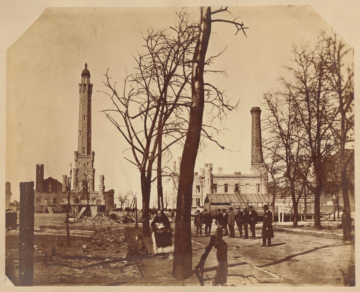 Stereografický pohled na Chicago Waterworks po požáru v Chicagu, 1871 od American Photographer