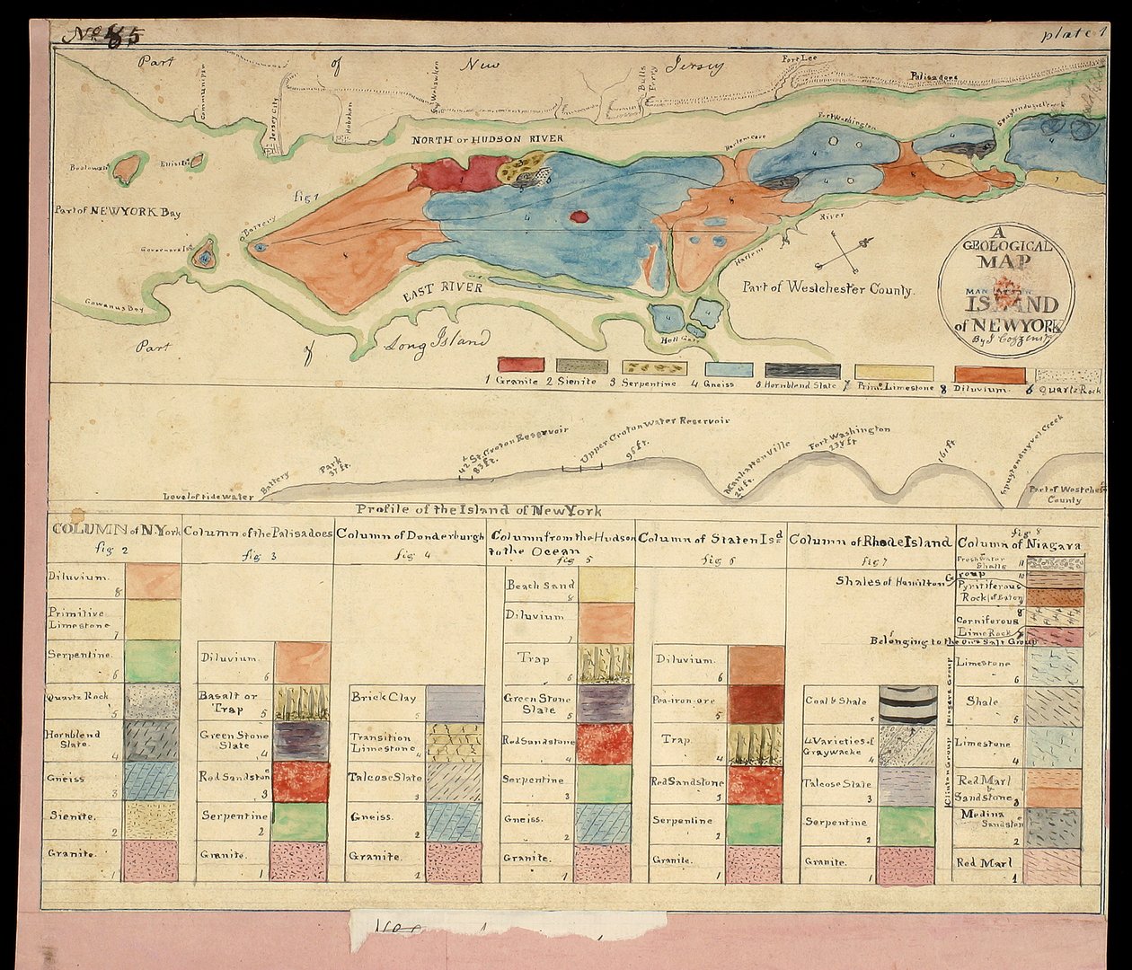 Geologická mapa [of] Manhattan Island of New York, 1842 (ručně kolorovaná litografie připevněná na papíře) od American School