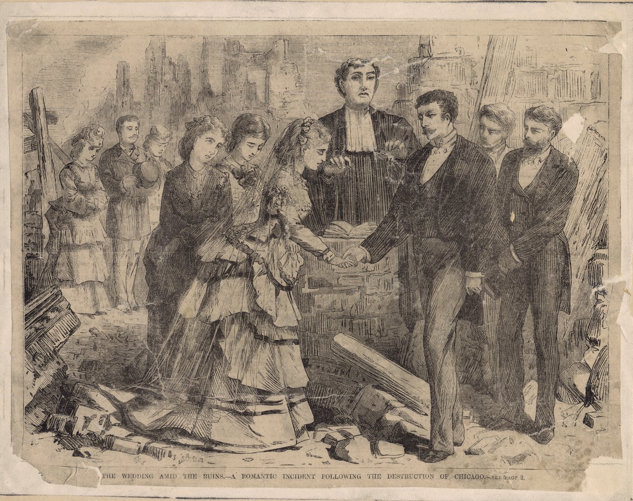 Svatba uprostřed ruin – romantický incident po zničení Chicaga, ilustrace z Harpers Weekly, 1871 od American School