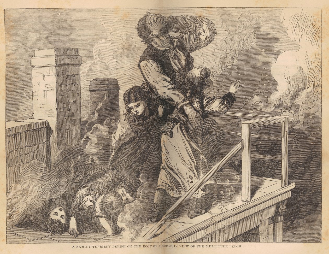 Rodina uvězněná na střeše domu během požáru v Chicagu v roce 1871, z Great Fires in Chicago and the West od Rev. E. J. Goodspeed, kolem roku 1871 (dřevoryt) od American School