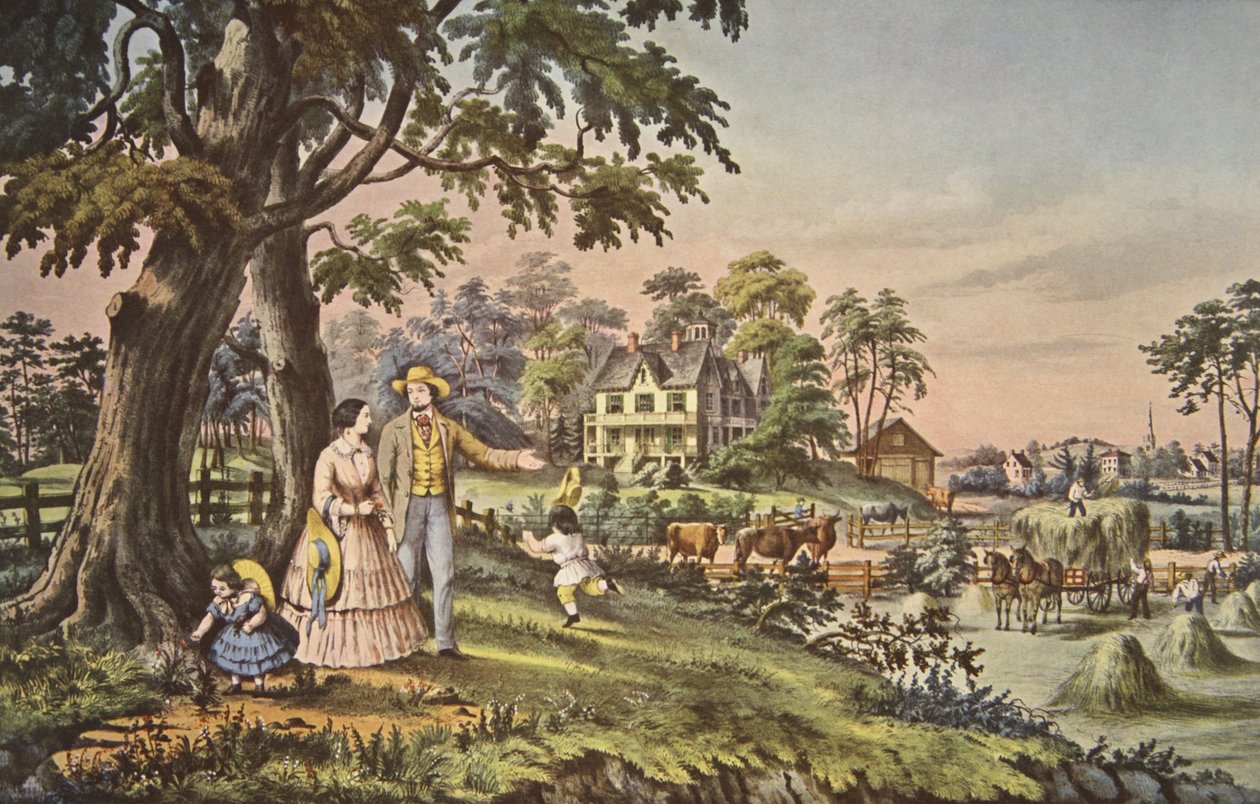 Americký venkovský život, letní večer, hospoda. 1855, Currier & Ives od American School