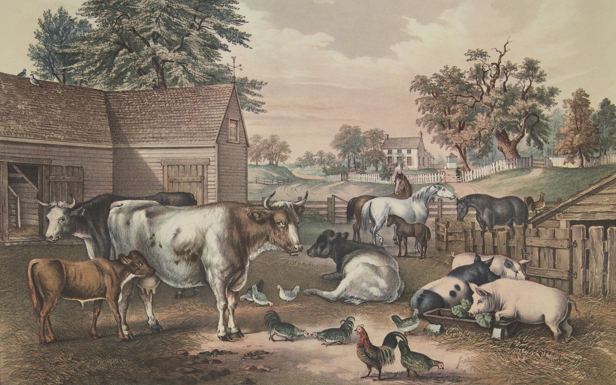 American Farm Yard - Večer, hospoda. 1857, Currier & Ives od American School