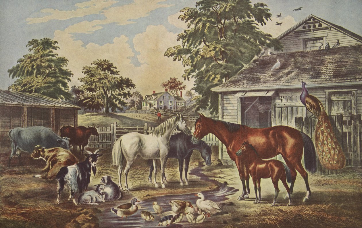 American Farm Yard - Ráno, hospoda. 1857, Currier & Ives od American School