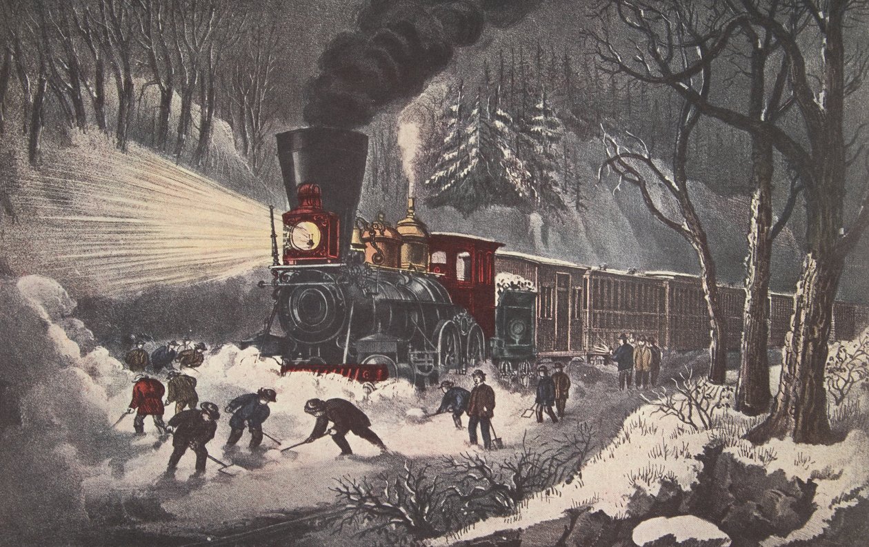Americká železniční scéna, Snow Bound, hospoda. 1871, Currier & Ives od American School