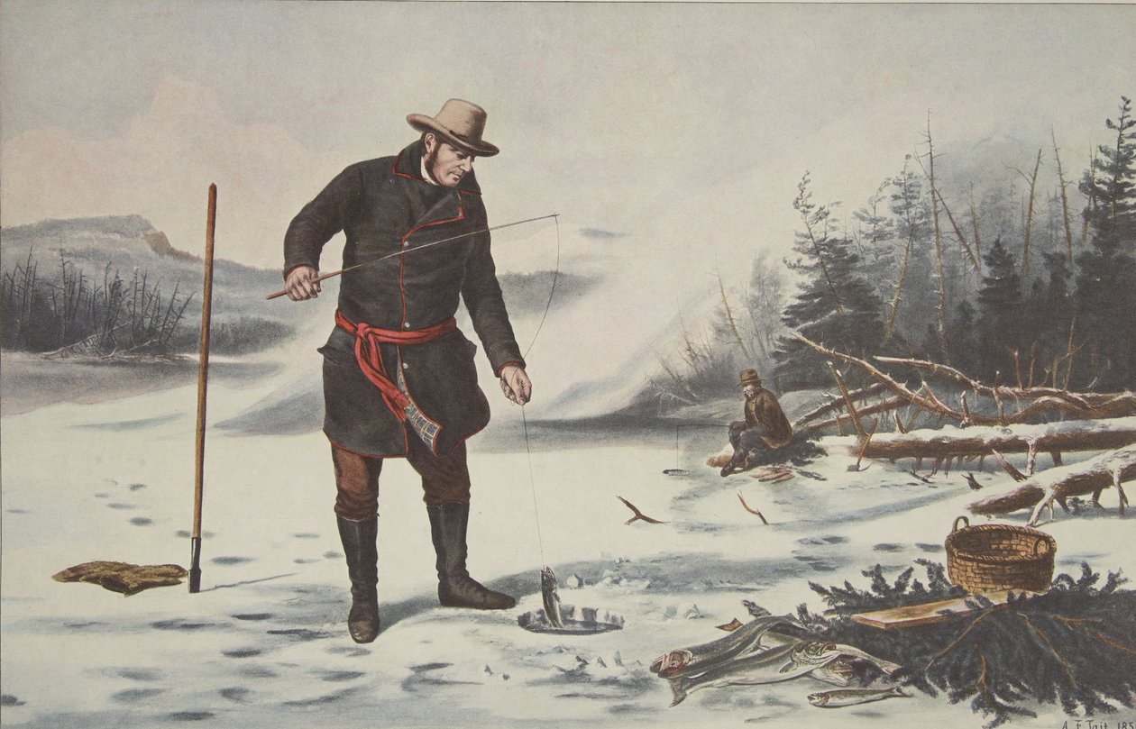 Americké zimní sporty - Lov pstruhů na jezeře Chateaugay (Franklin County N.Y.), hospoda. 1856, Currier & Ives od American School
