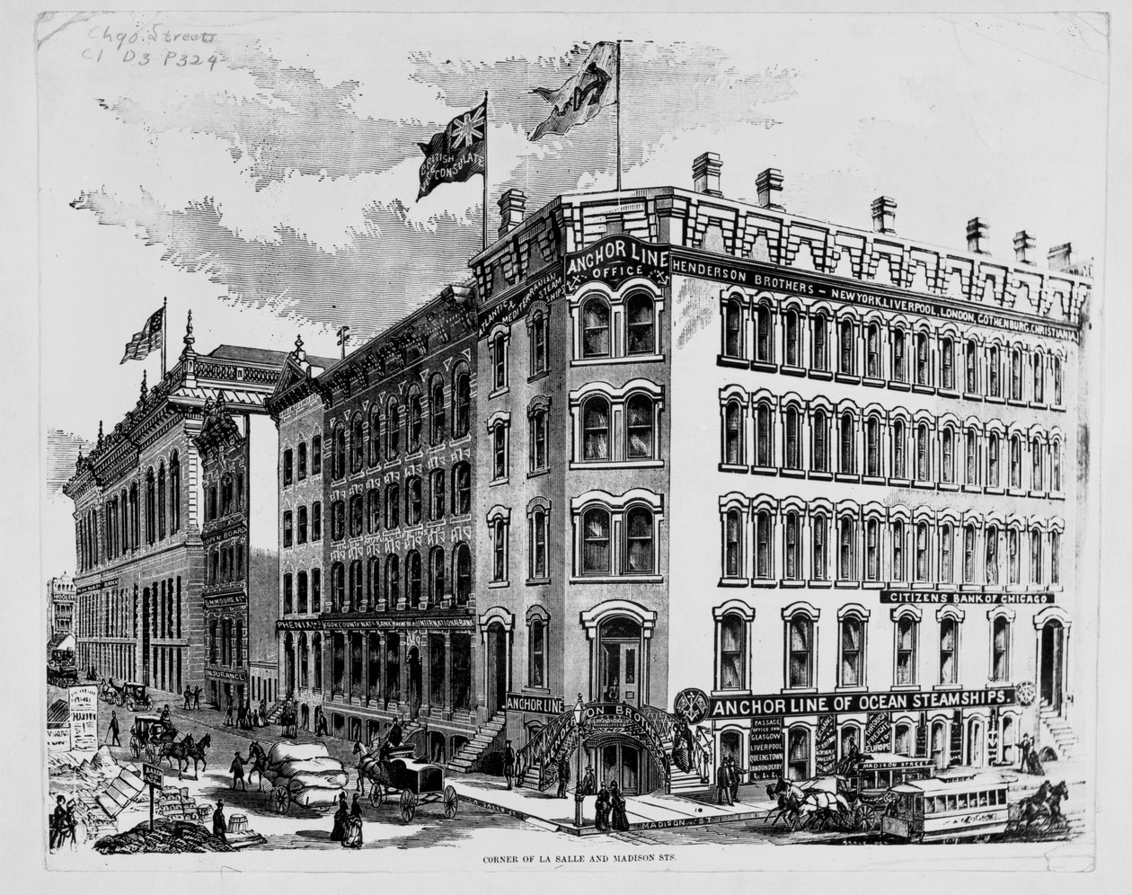 Kancelář Anchor Line na rohu LaSalle a Madison Streets, Chicago, kolem roku 1875 (dřevoryt) od American School