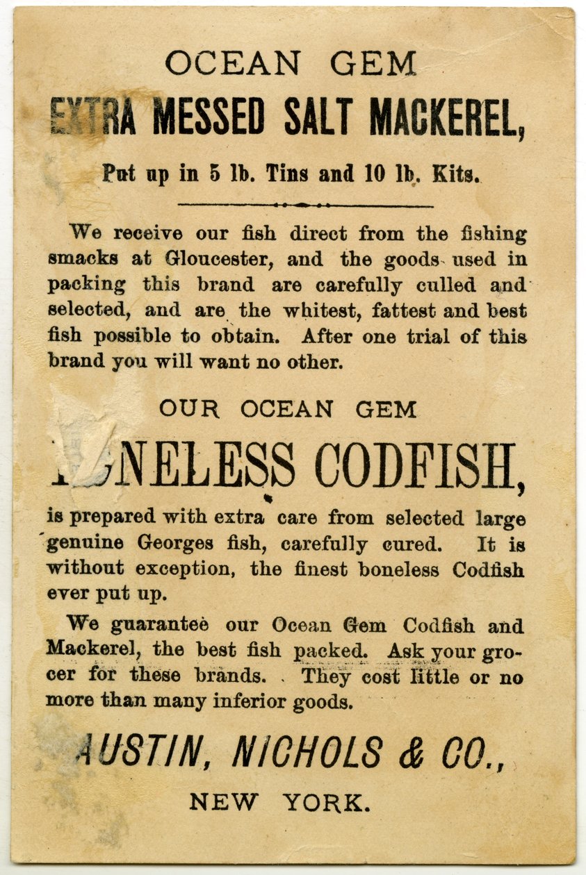 Austin, Nichols & Co. Ocean Gem Mackerel, vizitka naopak. (litografie [obchodní karta]) od American School