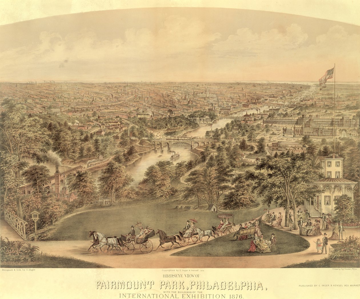Pohled z ptačí perspektivy na Fairmount Park, Philadelphia, 1876 od American School