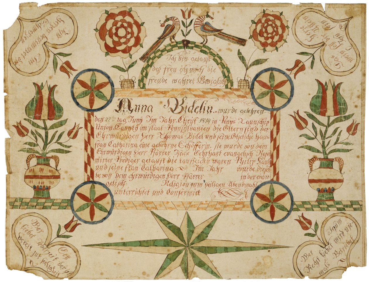 rodný list, c. 1820-1830 (tuš a akvarel na tkaném papíře) od American School