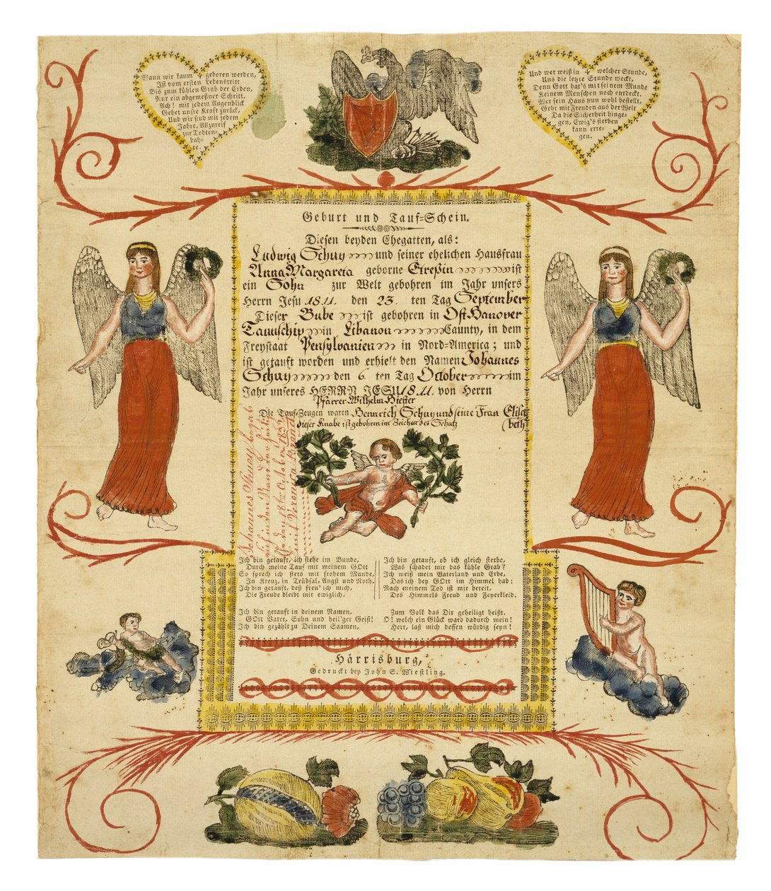 rodný a křestní list, c. 1828 (ručně kolorovaná dřevorytina na položený papír) od American School