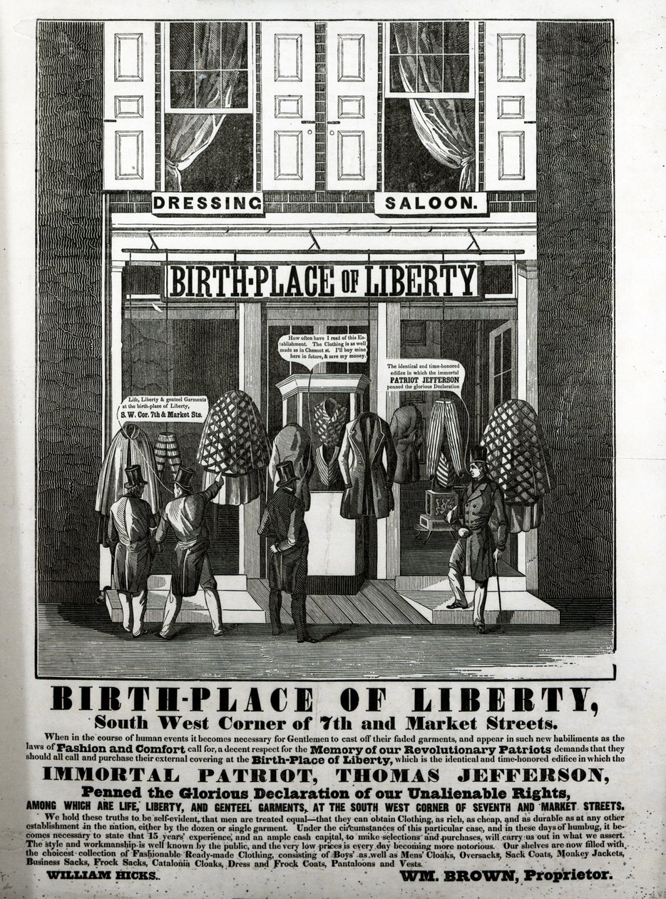 Birth-Place of Liberty Dressing Saloon, South West Corner of 7th and Market Streets... ve kterém nesmrtelný patriot Thomas Jefferson napsal slavné prohlášení o našich nezcizitelných právech...., ( od American School